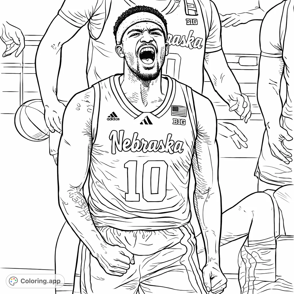 Capture the intense energy of a basketball player mid-game, featuring a dynamic pose, detailed uniform, and expressive face for an engaging sports coloring experience.