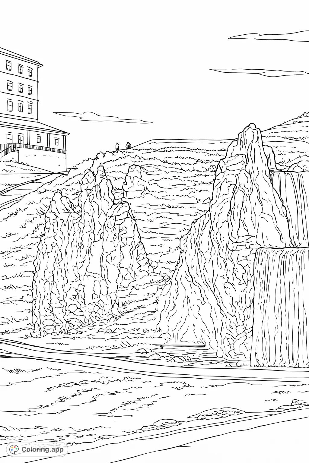 Explore a scenic landscape featuring a multi-story building nestled beside a textured hillside with striking rock formations and a cascading waterfall.