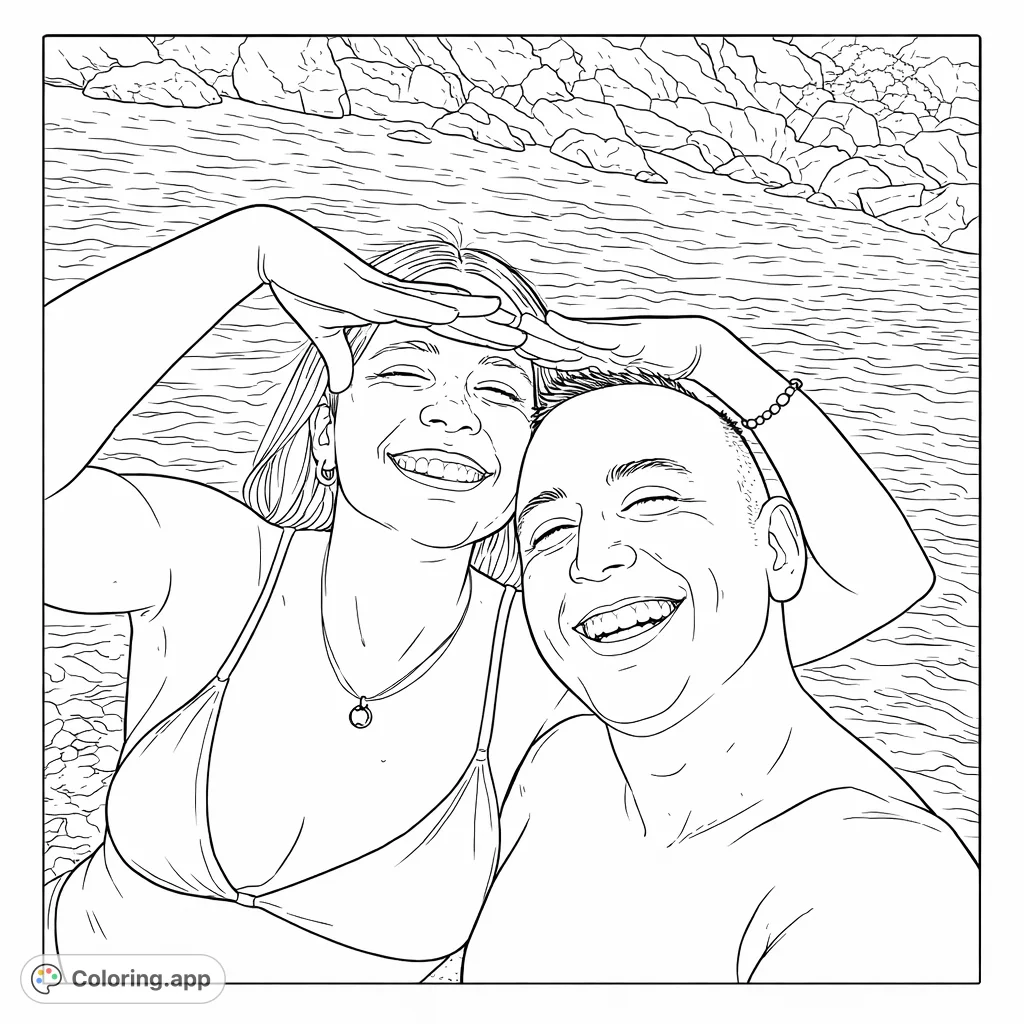 A cheerful couple smiles for a selfie near sparkling water and a rocky shore. Perfect for a relaxing and joyful coloring experience.