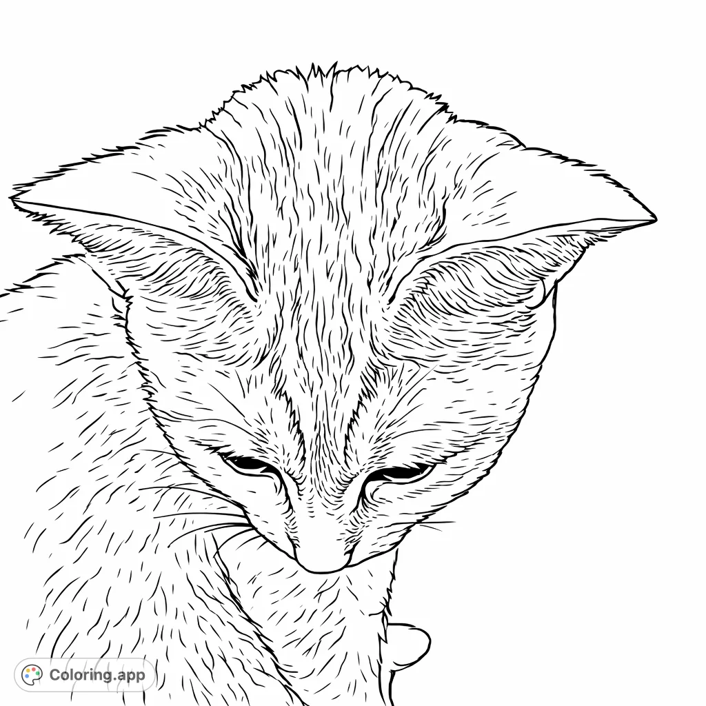 A serene cat with patterned fur, gazing downwards in a moment of quiet repose. Perfect for animal lovers and those seeking a calming coloring experience.