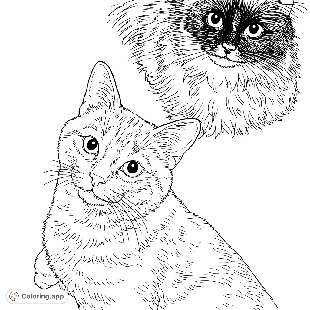 An adorable two-cat coloring page featuring a curious feline in the foreground and a fluffy companion peeking from above. Perfect for pet lovers.