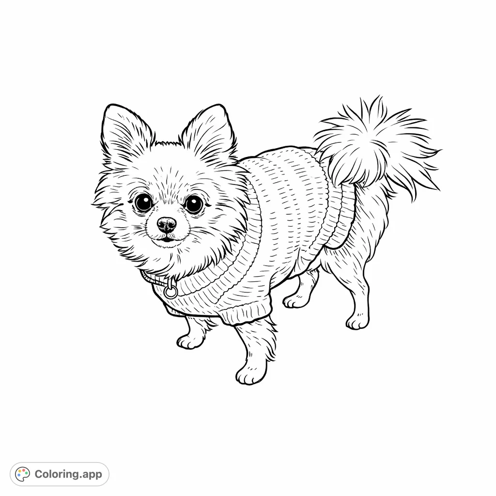 A charming coloring page featuring a fluffy dog wearing a cozy knitted sweater, perfect for pet lovers of all ages. Express your creativity with this adorable canine!