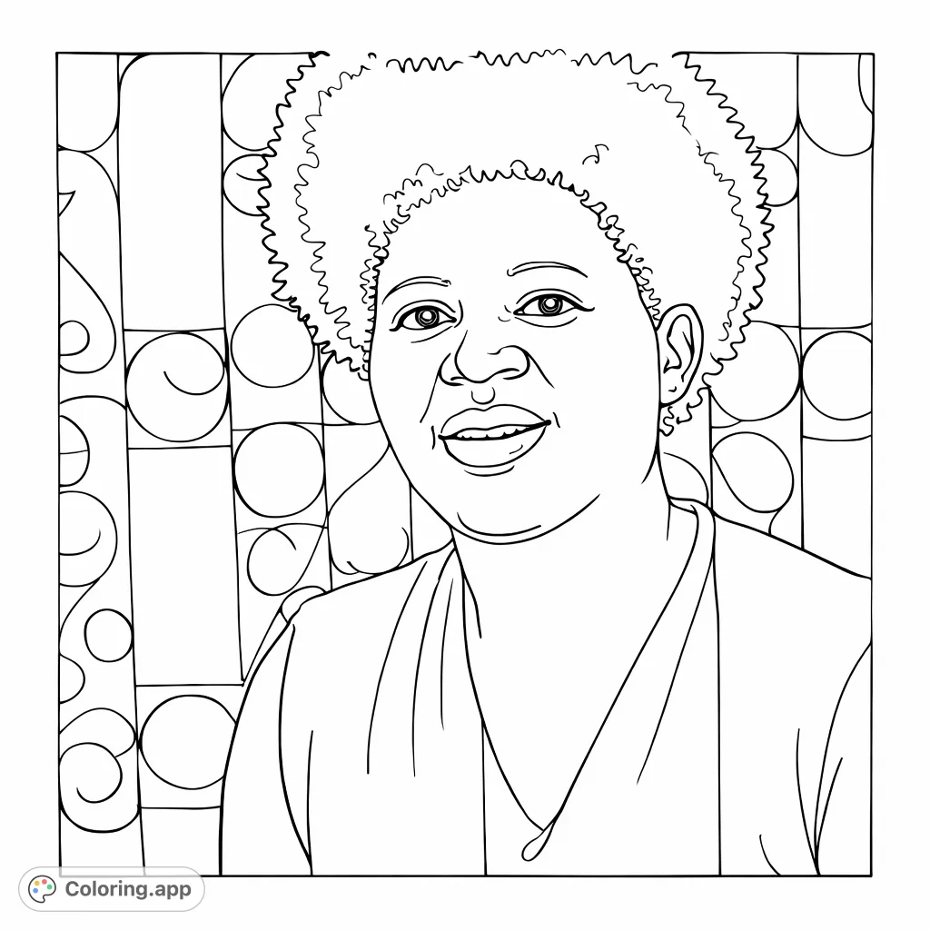 A captivating portrait of a woman with a voluminous hairstyle and a gentle smile, set against an intricate decorative background. Perfect for a relaxing coloring experience.