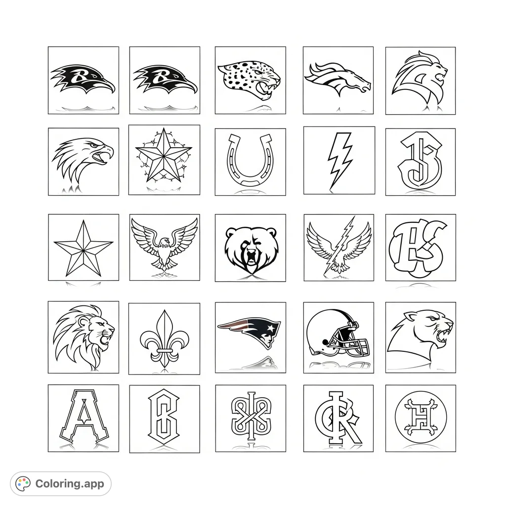 Discover 24 intricate graphic emblems, including animal heads, symbols, and the New England Patriots logo, arranged in a detailed grid for coloring.