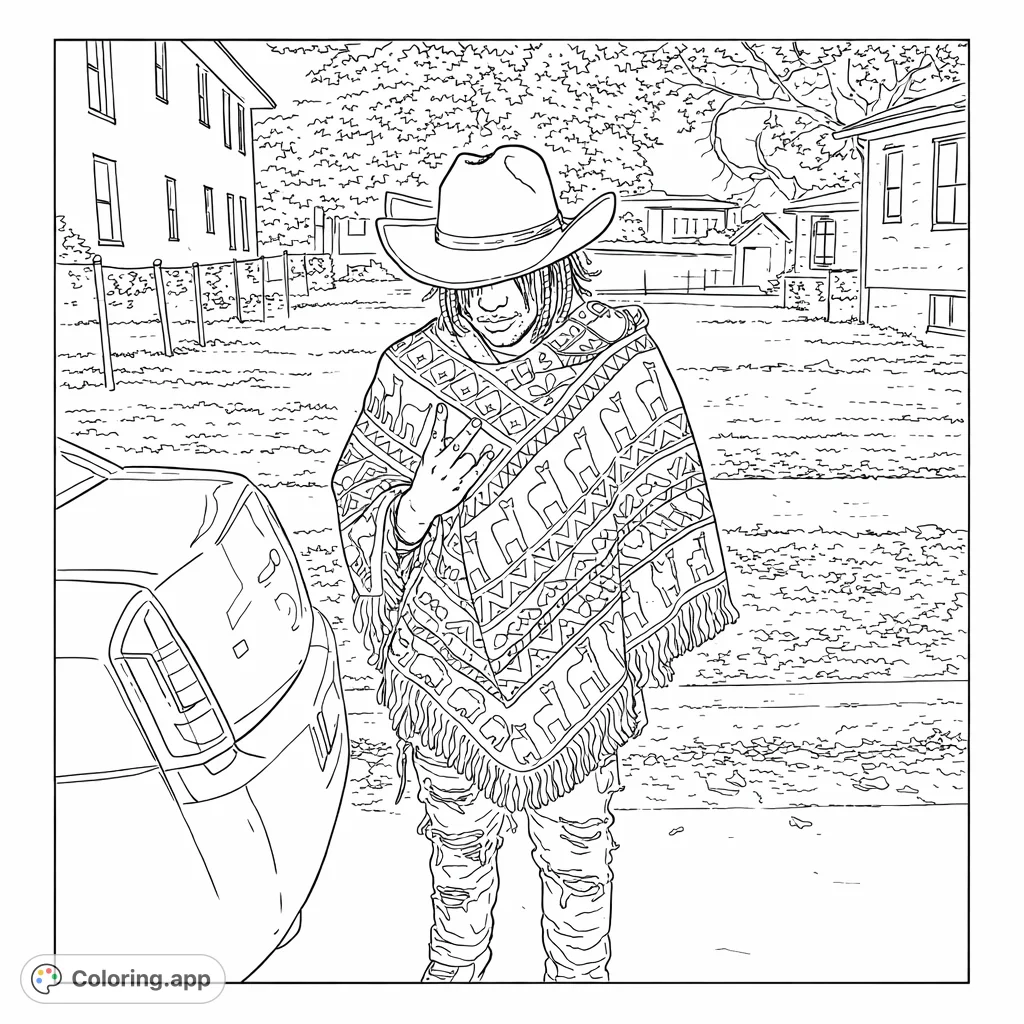 Capture urban fashion with this detailed coloring page featuring a person in a patterned poncho, cowboy hat, and ripped jeans against a street backdrop.
