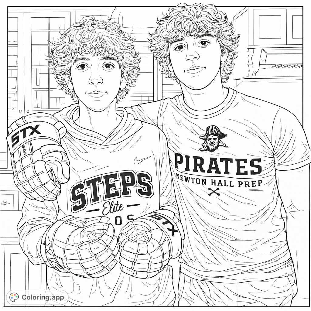 A dynamic coloring page featuring two athletic young men, one holding sports gloves, capturing a moment of friendship. Perfect for sports fans.
