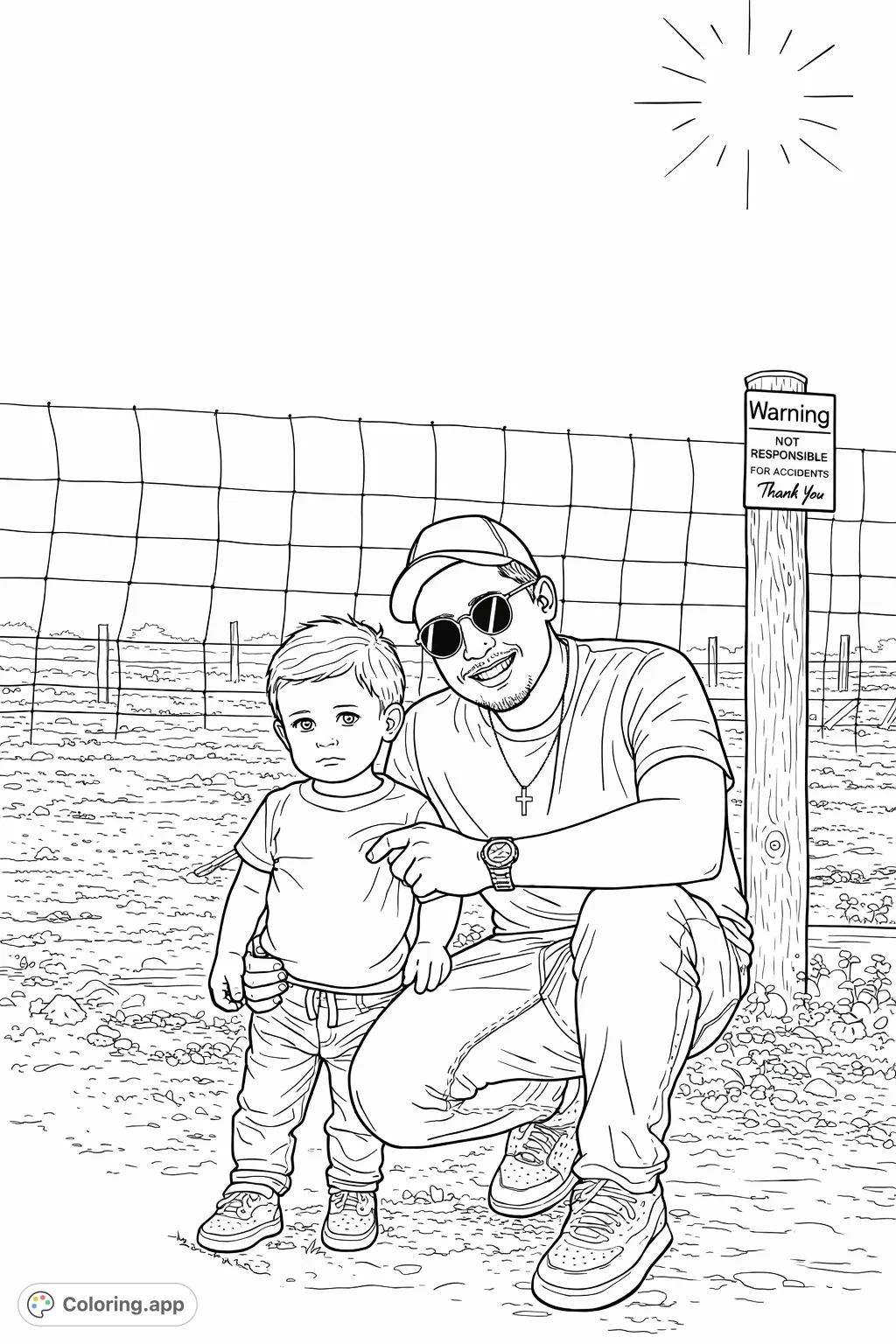 A heartwarming farm scene featuring a father and son near a fence, surrounded by a tilled field and grassy foreground. Perfect for family-themed coloring.