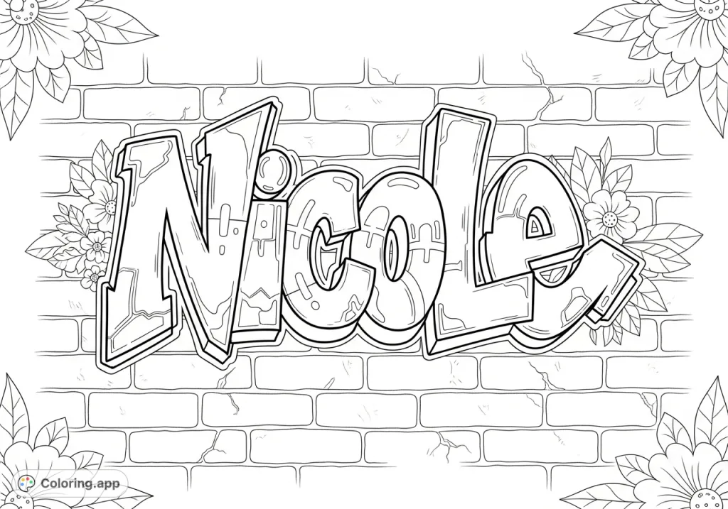 A vibrant graffiti artwork of the name "Nicole" adorns a textured brick wall, featuring dynamic letterforms and urban street art styling perfect for personalized coloring.