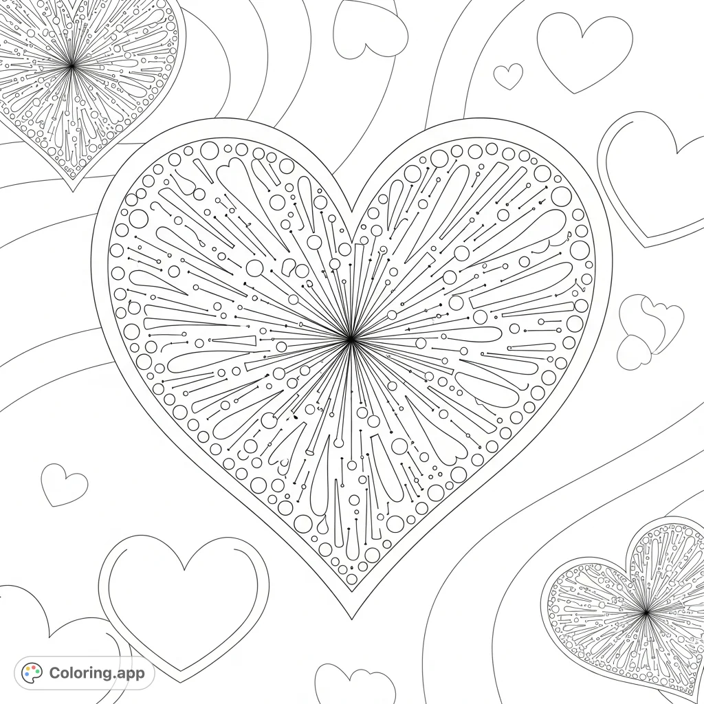 A free printable abstract hearts coloring page featuring a dazzling single heart, adorned with sparkling patterns, perfect for Valentine's Day.