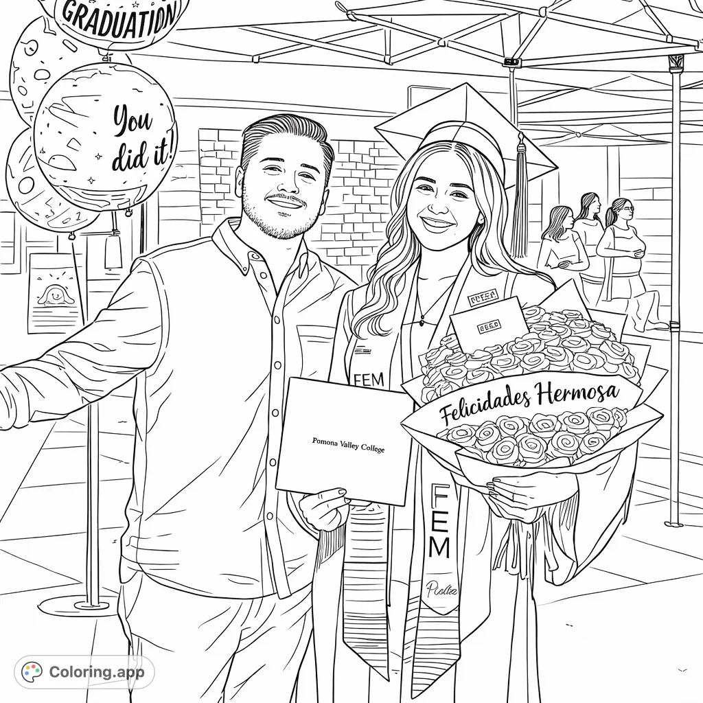Celebrate academic success with this graduation coloring page featuring a proud graduate with a diploma and rose bouquet, alongside a supportive companion.