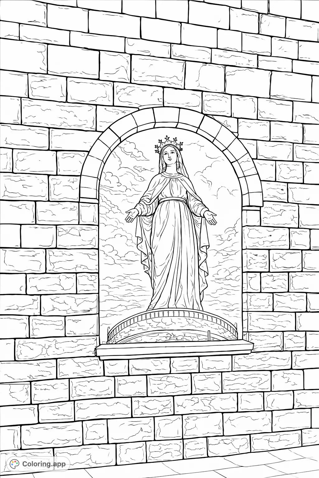 Discover a majestic crowned figure standing within an arched stone niche, surrounded by textured brickwork. A beautiful scene awaiting your creative touch.