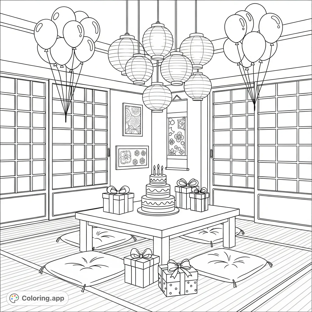 Step into a charming Japanese birthday room coloring page, complete with tatami mats, shoji screens, and a festive cake. A free printable coloring page for all ages.