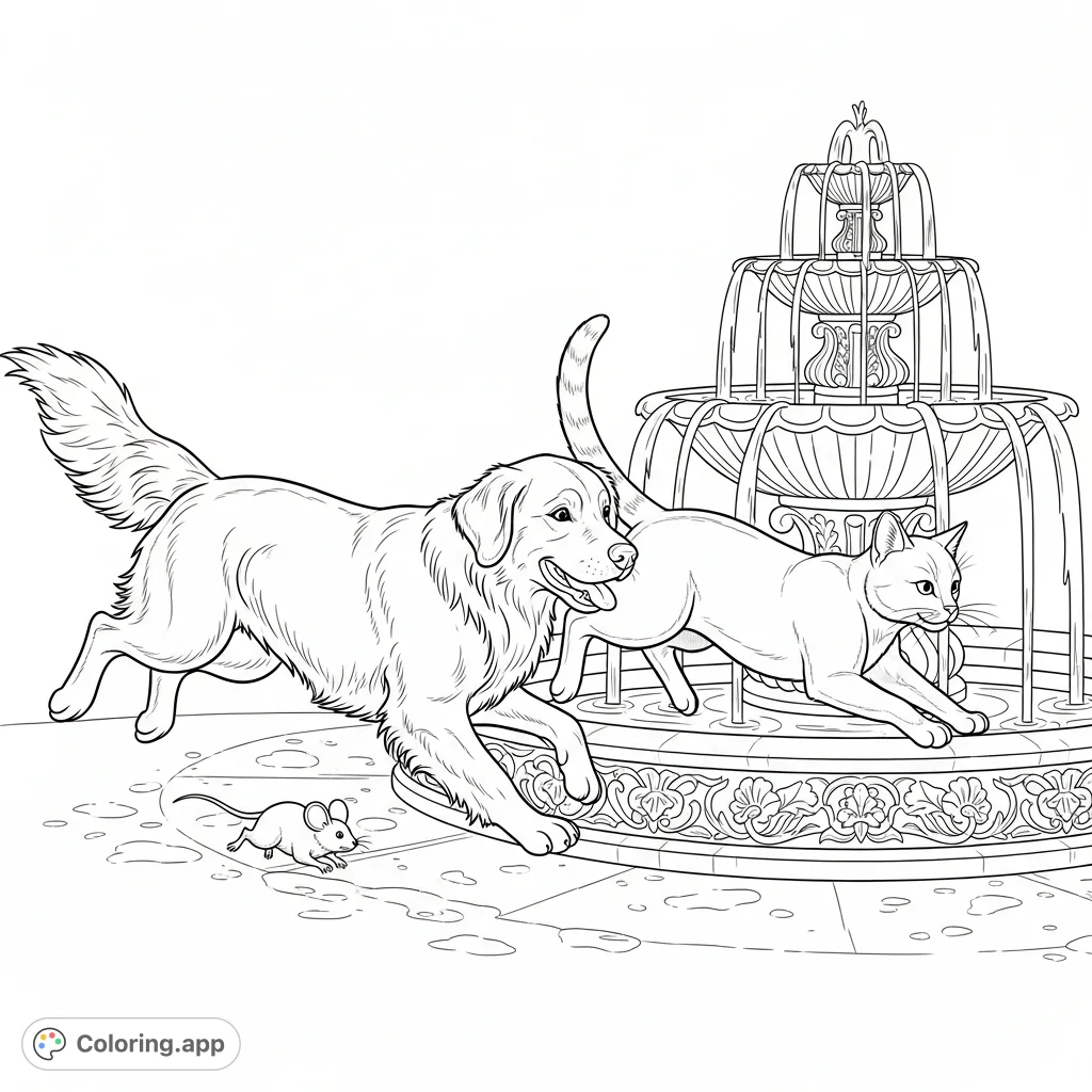 Join a lively Golden Retriever and a nimble cat in a joyful chase after a tiny mouse around an elegant fountain. A fun animal coloring page for all ages!