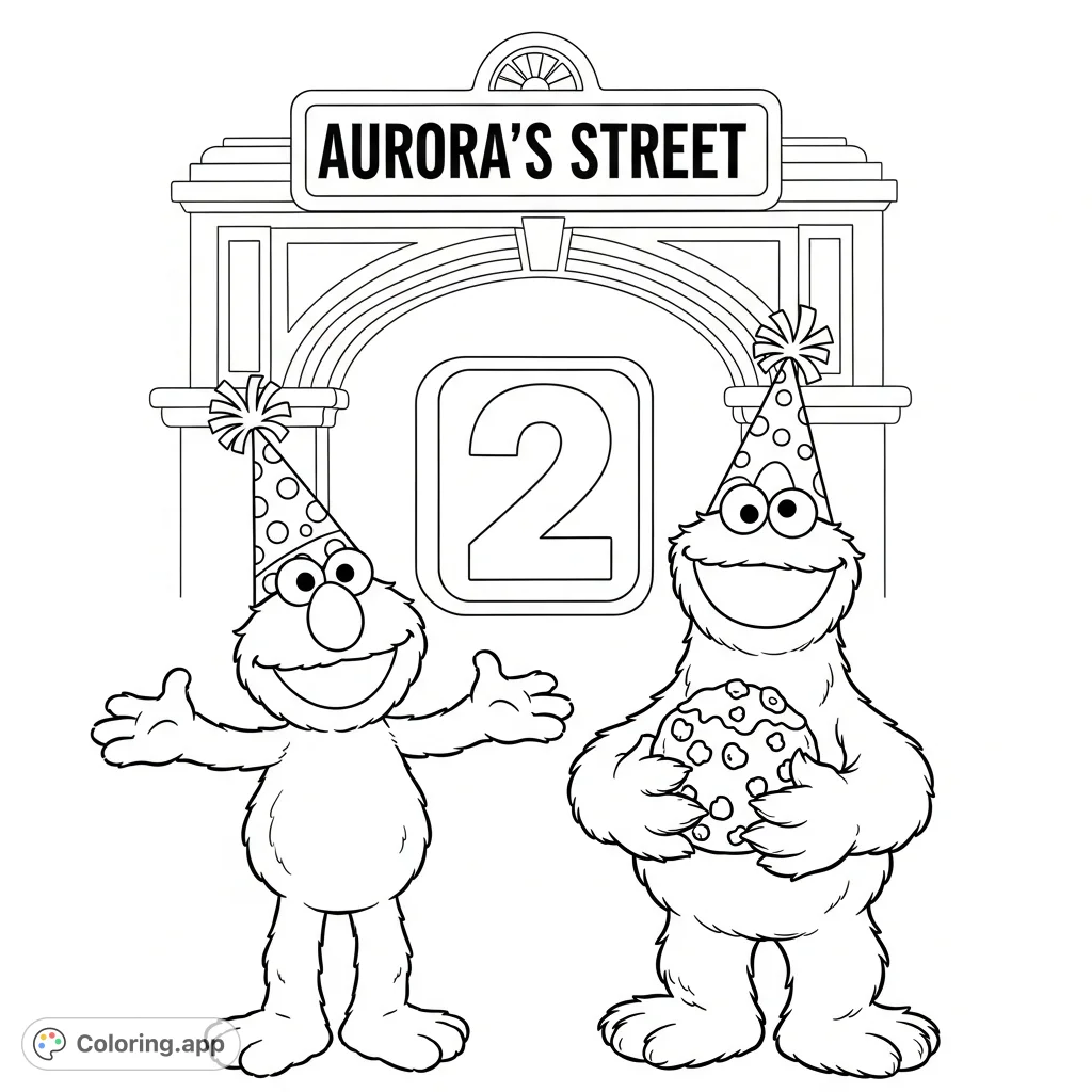 A joyful Sesame Street coloring page featuring Elmo and Cookie Monster in party hats with a prominent number 2, set against the iconic "MESSIAH Street" backdrop.