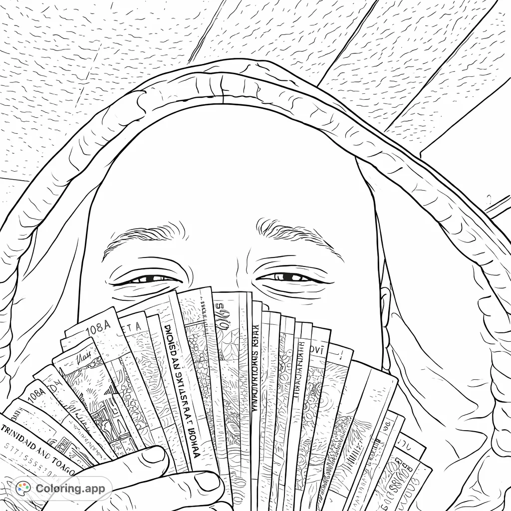 A mysterious hooded figure holds a fan of detailed banknotes, partially obscuring their face. A unique coloring page for urban themes and intricate designs.