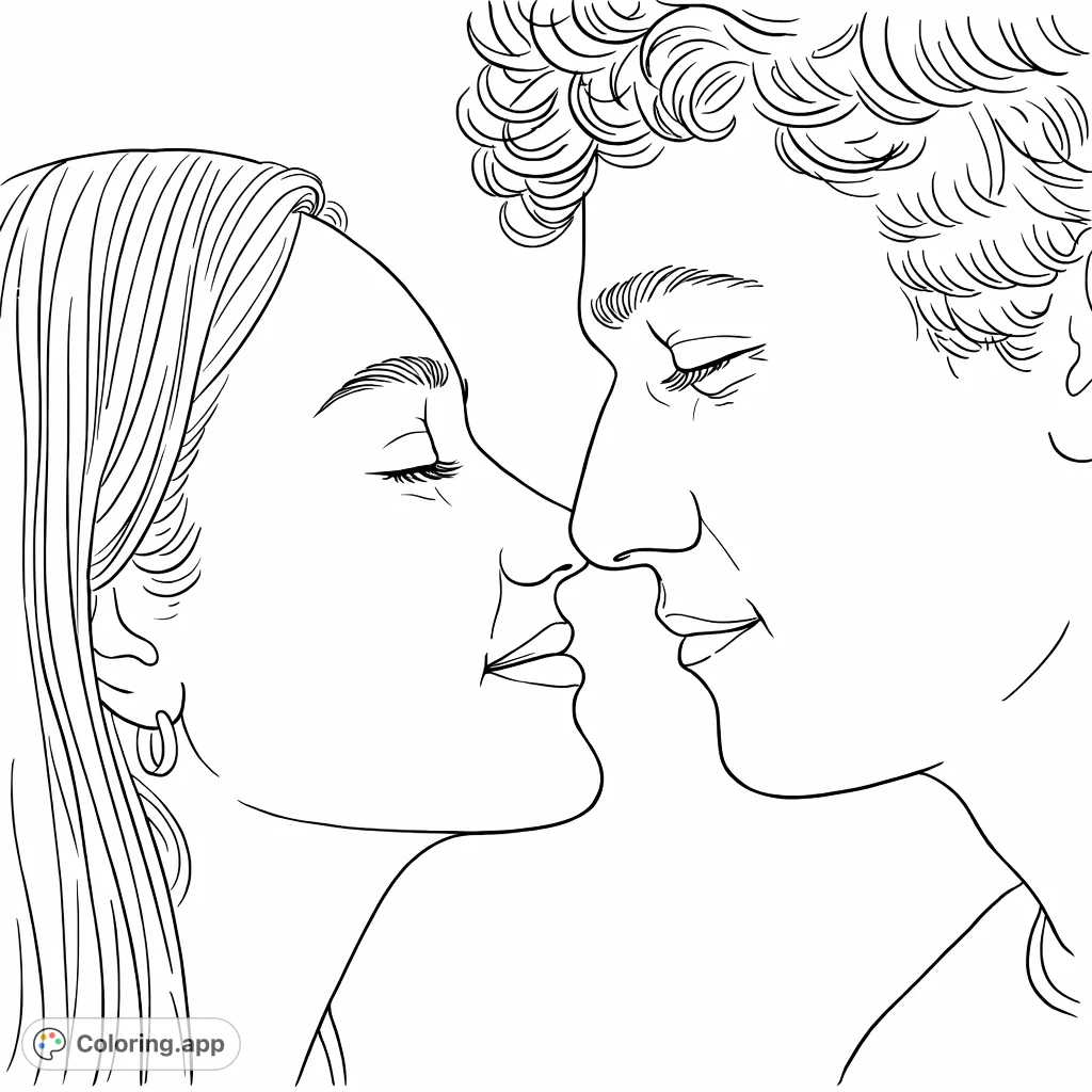 An intimate close-up of a couple sharing a tender moment, almost touching noses. Capture the warmth of their connection with your favorite hues.