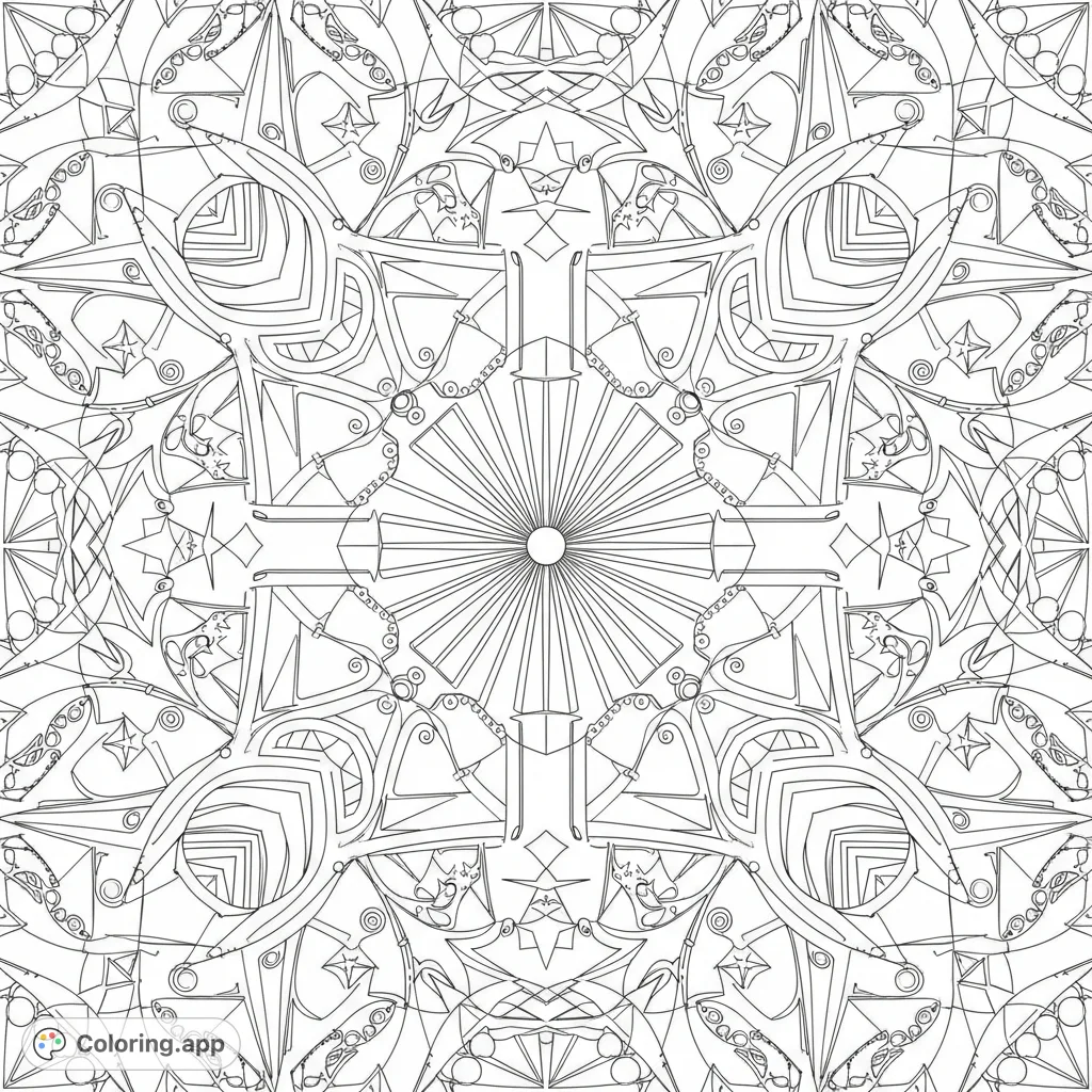 An intricate Art Deco geometric pattern featuring sunbursts, entwining circles, stylized shapes, and stars. Perfect for a detailed and meditative coloring experience.