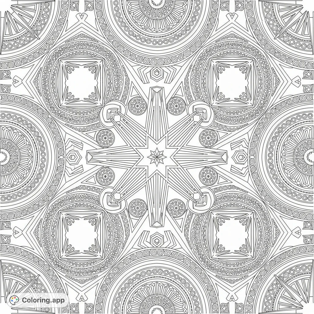 An intricate Art Deco geometric tessellation featuring sharp stars, sunbursts, and abstract automotive motifs, creating a bold and futuristic pattern. Perfect for detailed coloring.