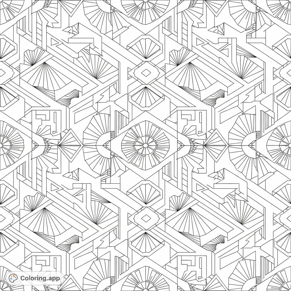 Dive into a sophisticated Art Deco geometric tessellation coloring page, featuring intricate interlocking shapes and stylized motifs for a challenging and rewarding creative experience.