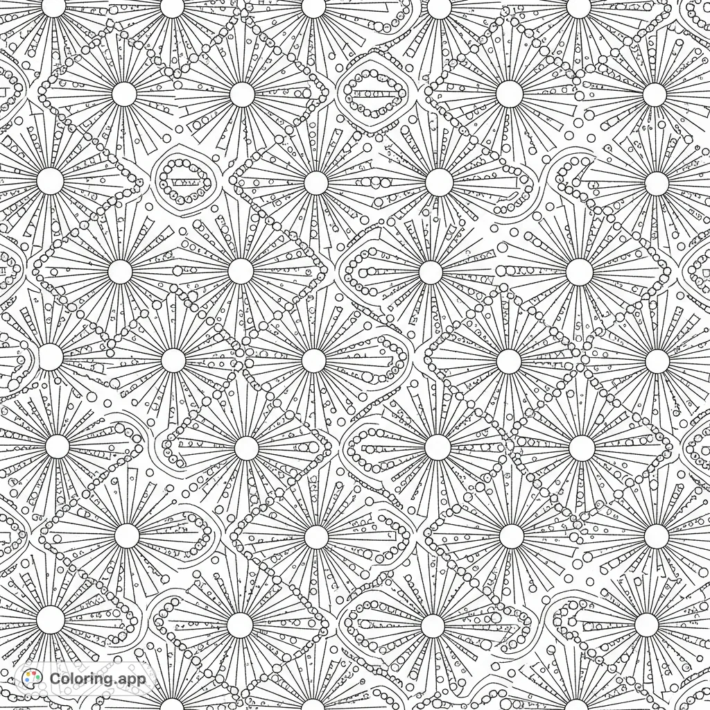 An intricate Art Deco style geometric pattern coloring page featuring sunbursts, tiny circles, and interlocking shapes inspired by classic architecture, perfect for detailed coloring.