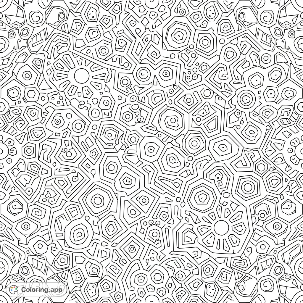 Dive into a complex, continuous geometric pattern for a challenging coloring experience. Interlocking shapes and nested forms fill the entire page with bold graphic lines.