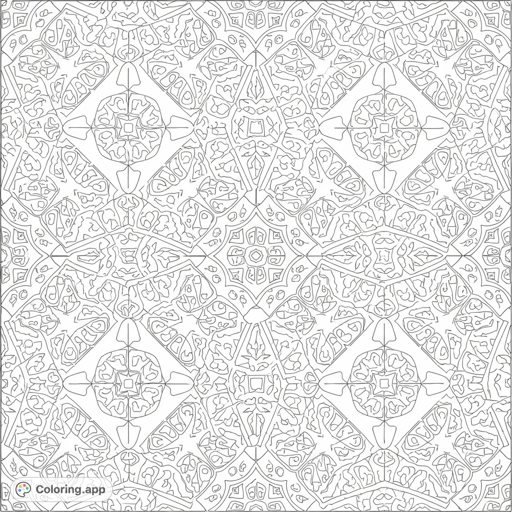 Unleash your creativity with this complex geometric pattern coloring page, featuring unusual interlocking shapes for an intricate artistic challenge.