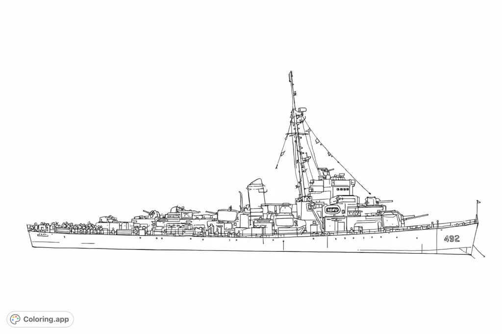 Immerse yourself in naval history with this detailed destroyer warship coloring page. Explore its intricate structure, armaments, and unique markings.