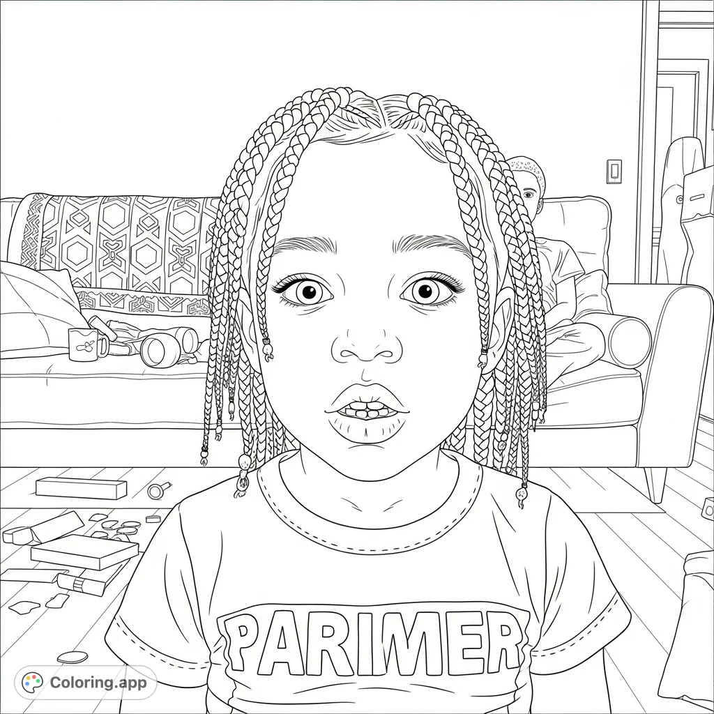 A delightful child portrait featuring intricate braids, a curious expression, and a t-shirt with text, set against a cozy patterned sofa. Perfect for all ages.
