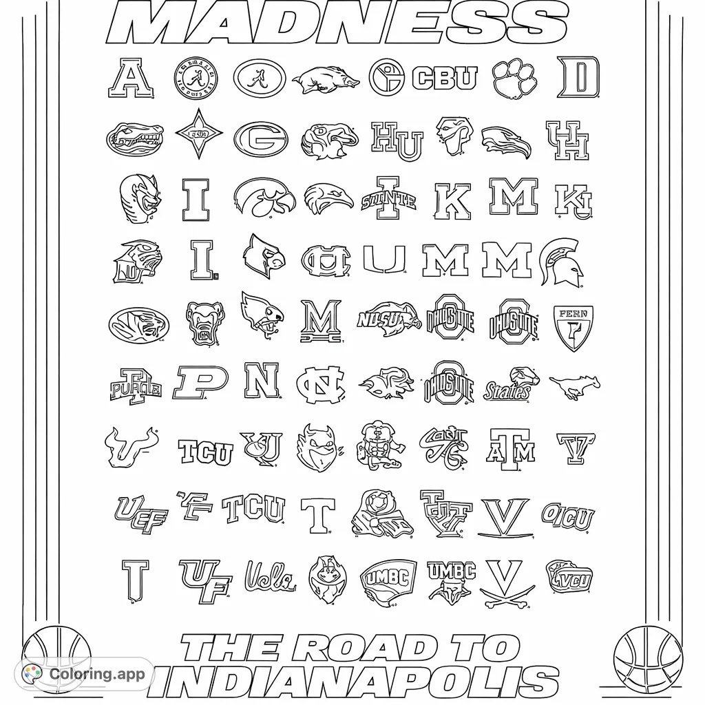 Discover and color a comprehensive collection of college sports logos and mascots. A detailed page perfect for fans to personalize their favorite teams.