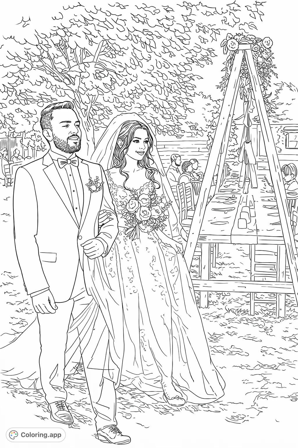 Capture the joy of a special day with this wedding coloring page. A couple walks arm-in-arm in a beautiful outdoor setting, surrounded by charming details ready for your creative touch.