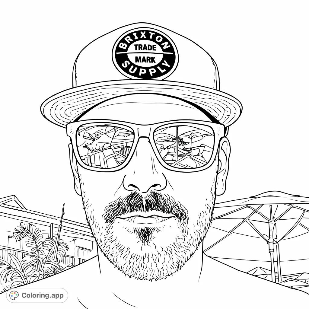 Color a stylish man wearing a cap and sunglasses against a tropical resort background, featuring palm trees, a building, and an umbrella.