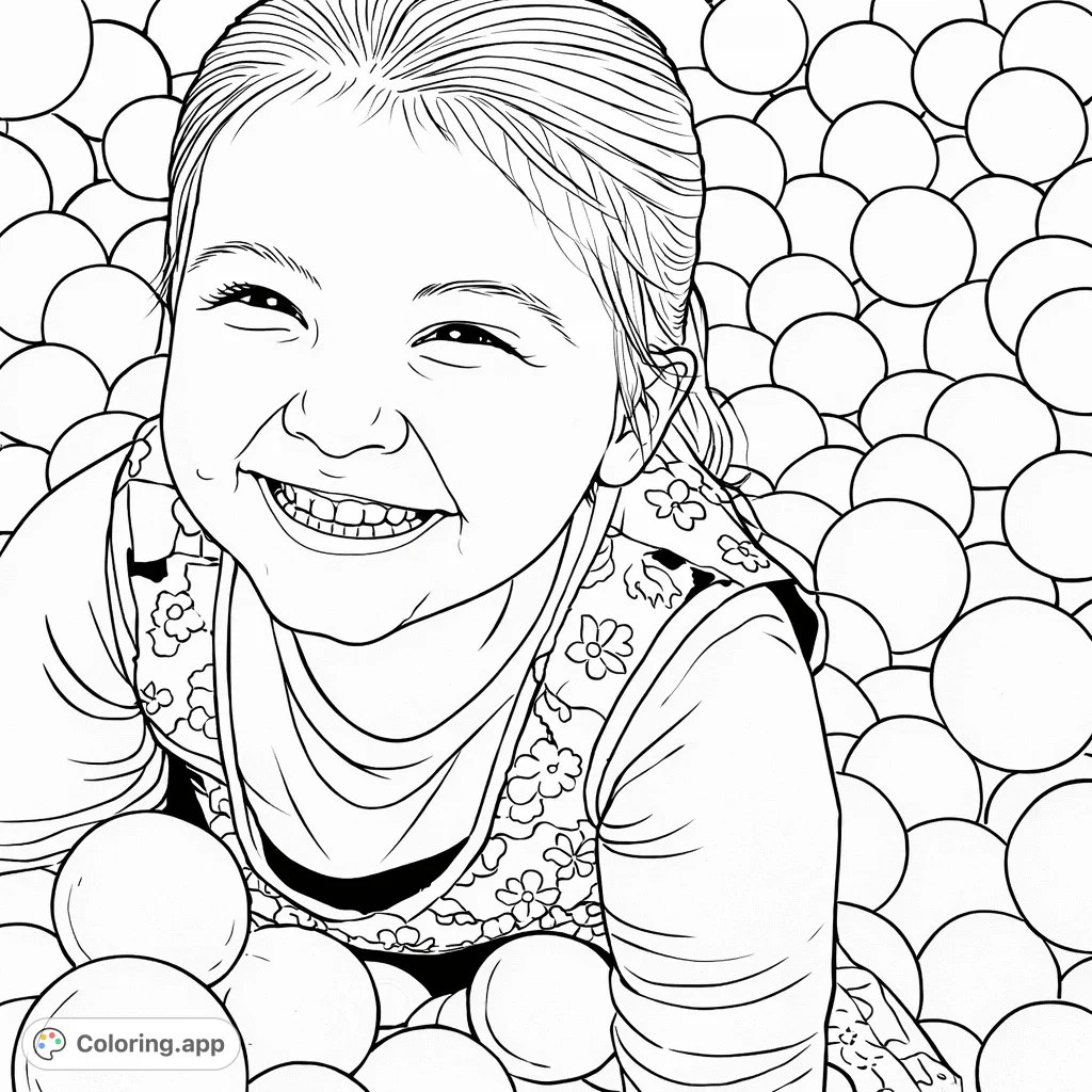 A cheerful child grins widely amidst a playful pool of balls, inviting young artists to bring this moment of pure delight to life with their favorite hues. A fun activity for all.