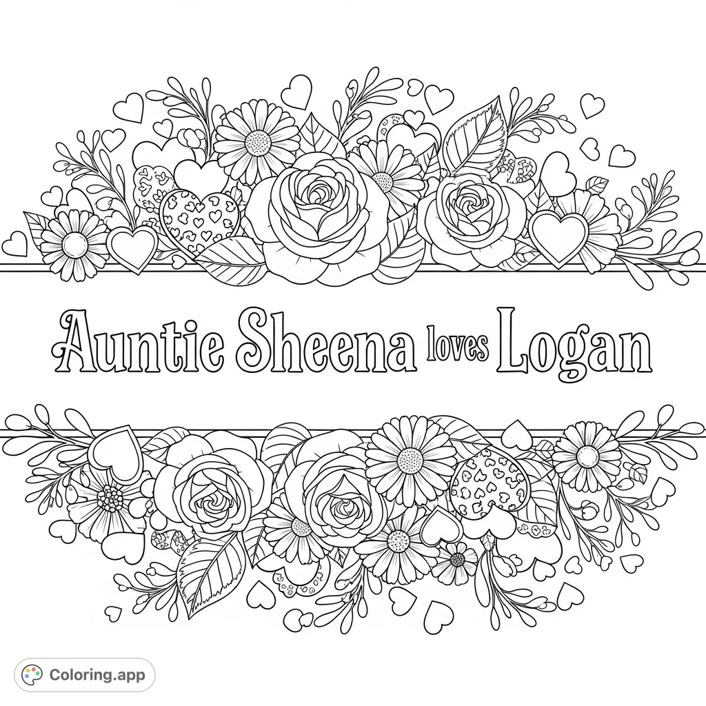 A heartfelt "Auntie Sheena loves Logan" message surrounded by beautiful flowers and charming hearts. Perfect for personalized gifts!