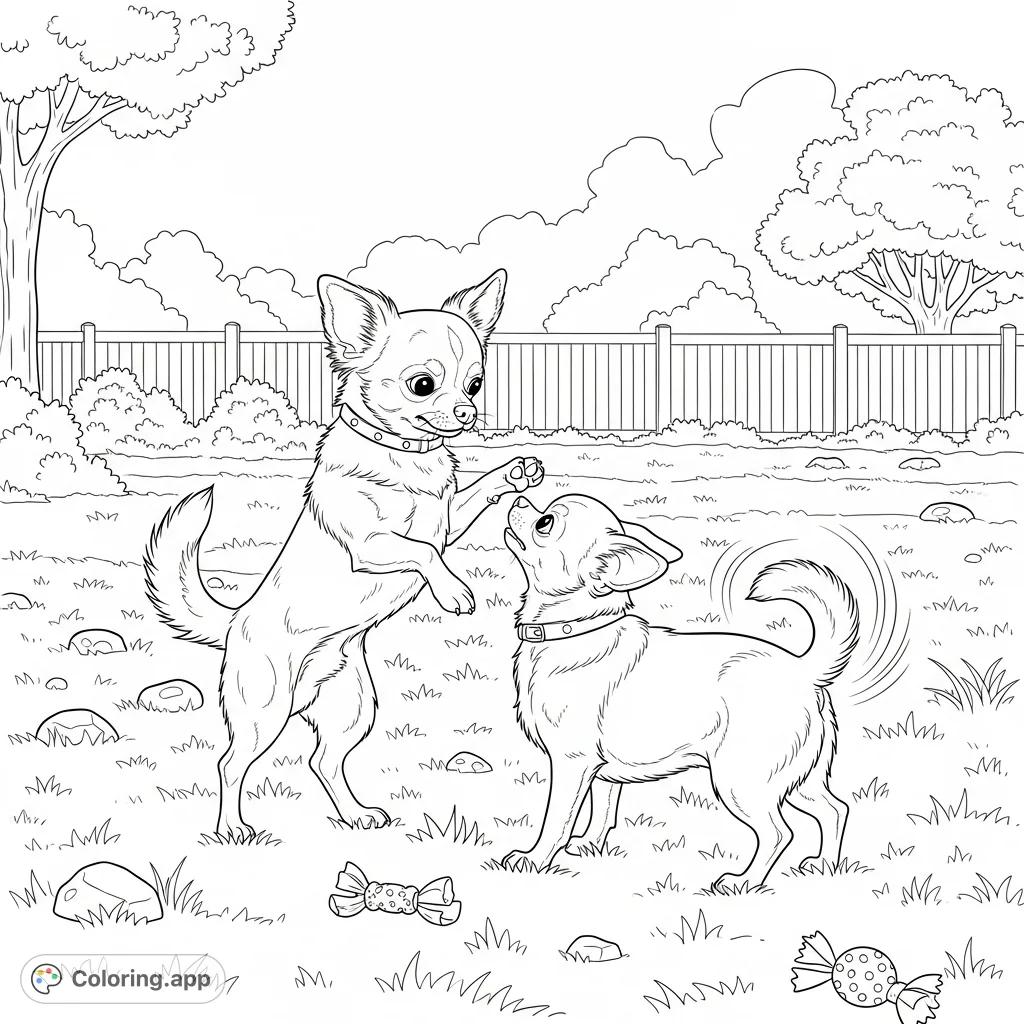 Capture the playful energy of two chihuahuas in a detailed grassy dog park. Perfect for pet lovers seeking a relaxing and engaging coloring experience.