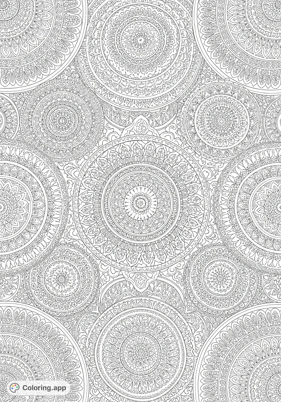 Explore a stunning, intricate Mandala coloring page with detailed geometric and floral patterns, offering hours of relaxation and artistic expression for adults.
