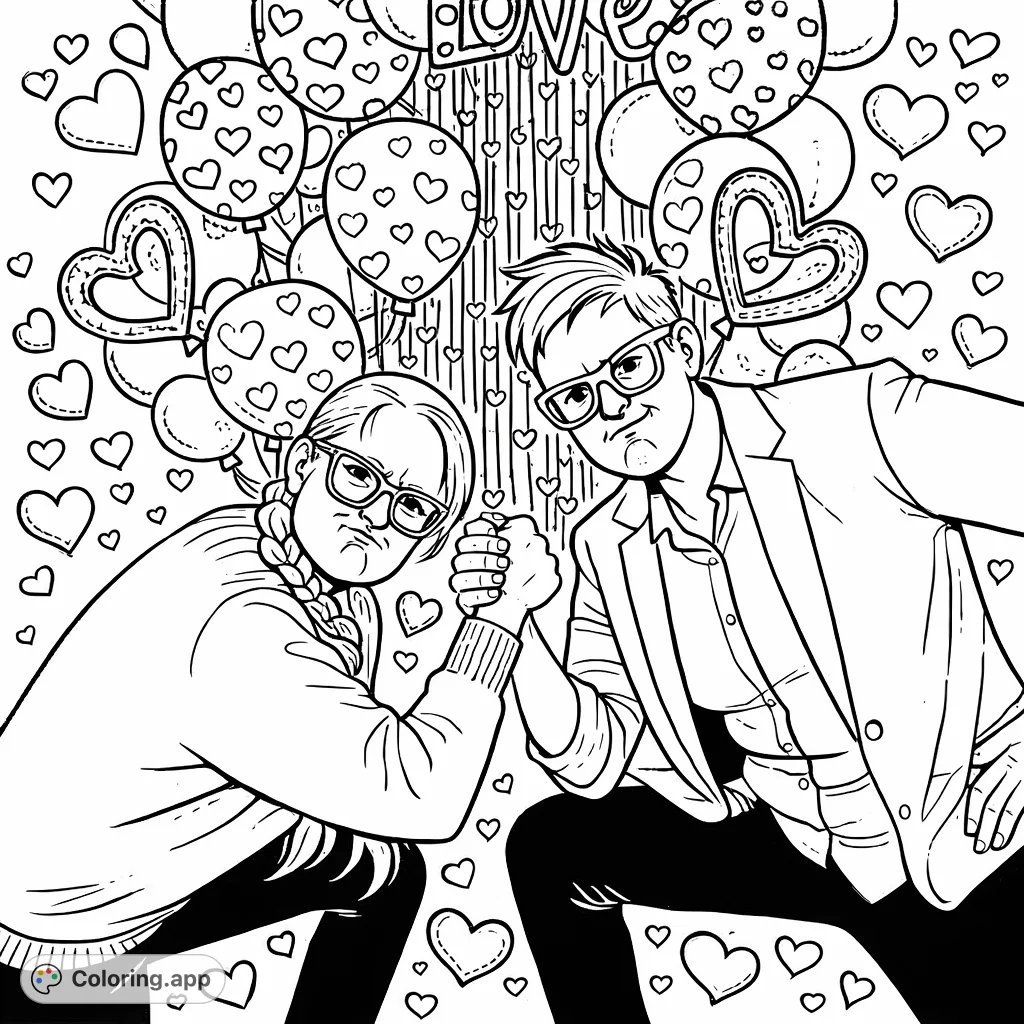 Get ready to color this fun arm wrestling scene, featuring two strong individuals amidst festive heart balloons and streamers. A vibrant, cartoony style awaits!