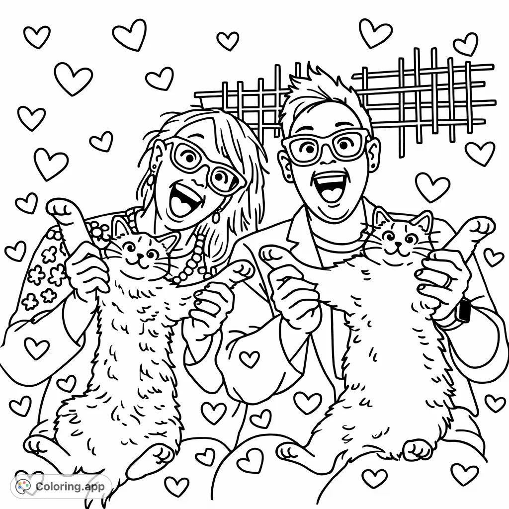 Bring joy to life with this fun coloring page featuring two smiling people playfully holding up two adorable cats, all surrounded by charming heart patterns.