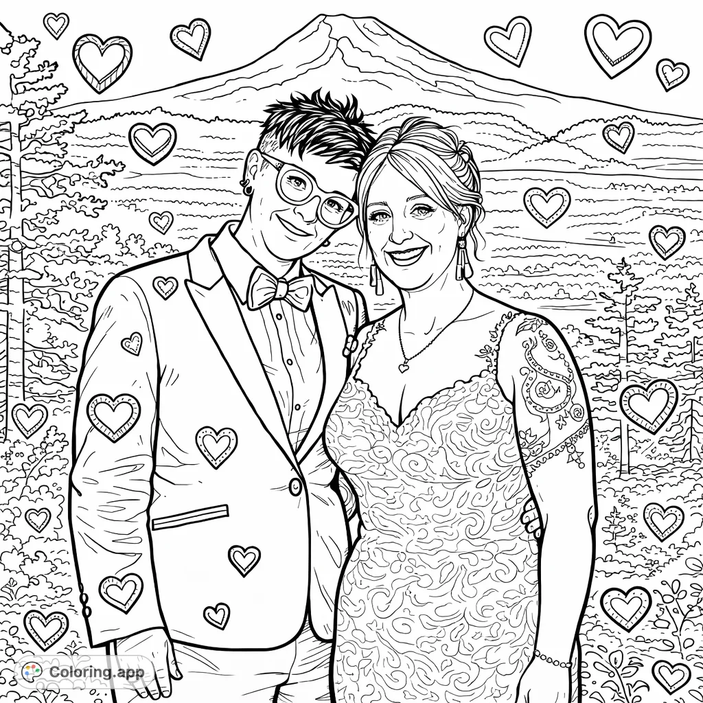 Celebrate love with this charming cartoony wedding couple, embracing against a scenic mountain backdrop. Adorn with decorative hearts for a joyous coloring experience.