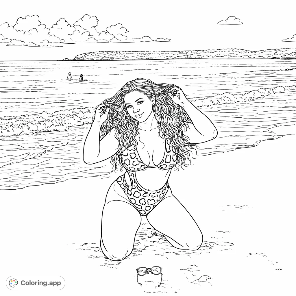 A confident woman poses gracefully on a sandy beach, featuring flowing hair, patterned swimwear, and a scenic ocean background. Explore beach fashion.