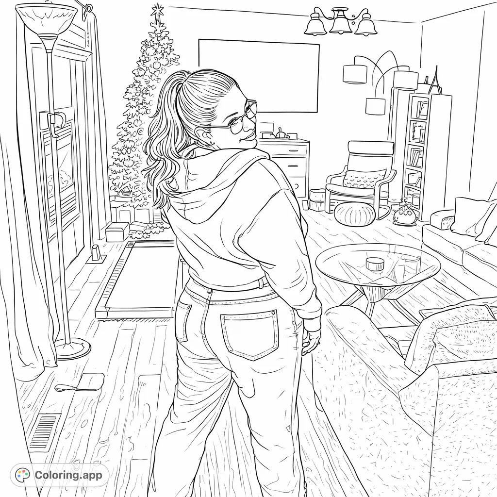 A relatable home living room scene featuring a person in casual attire looking over their shoulder, surrounded by comfortable furniture and festive decor.