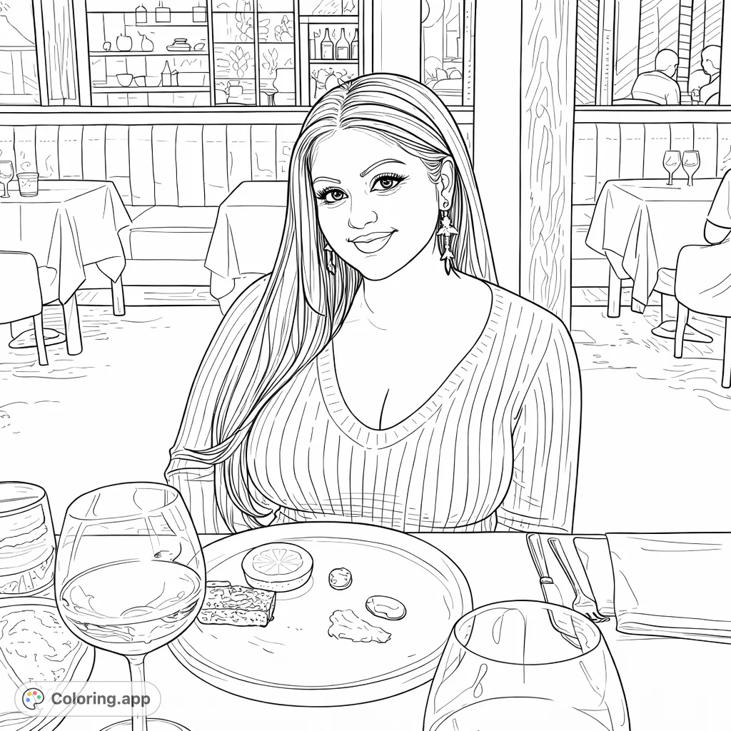 Color an elegant woman seated at a refined restaurant table, featuring intricate food plating, sophisticated decor, and a serene dining ambiance.