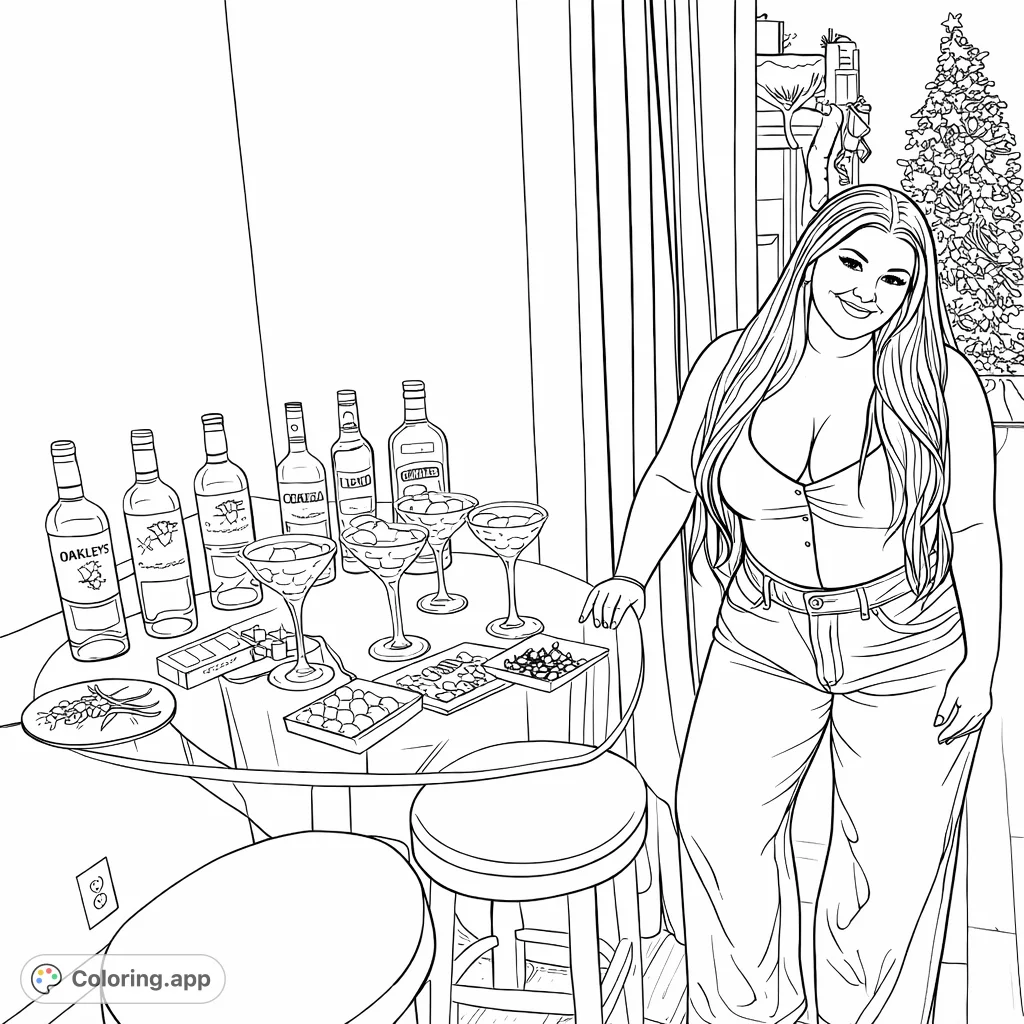 A festive scene featuring a smiling woman next to a well-stocked drink station with bottles, cocktail glasses, and a variety of sweet toppings, perfect for holiday cheer.