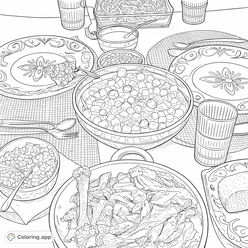 Savor the warmth of a family gathering with this festive dining table scene, featuring delicious food, decorative plates, and holiday cheer. A delightful feast to color.