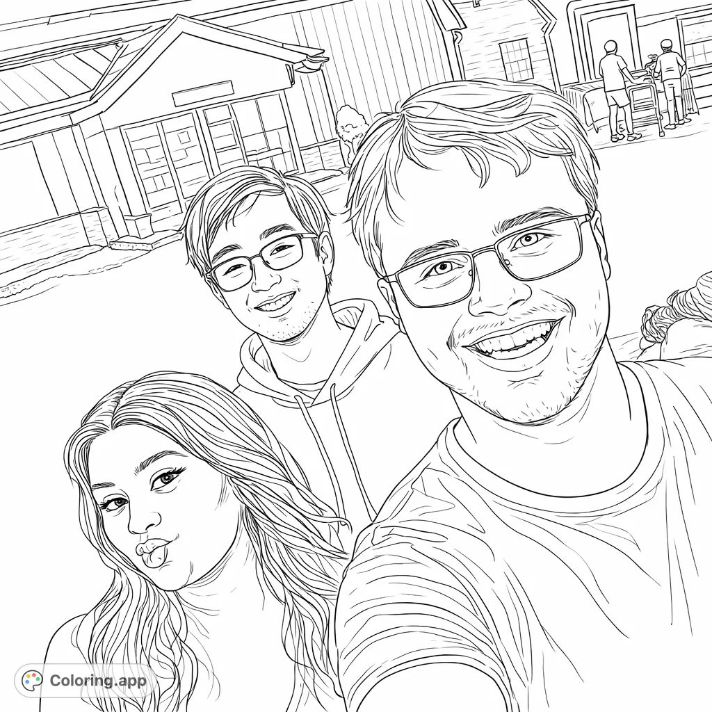 A fun group selfie featuring three friends with expressive faces against a subtle urban backdrop. Perfect for personalizing with your favorite colors and styles.