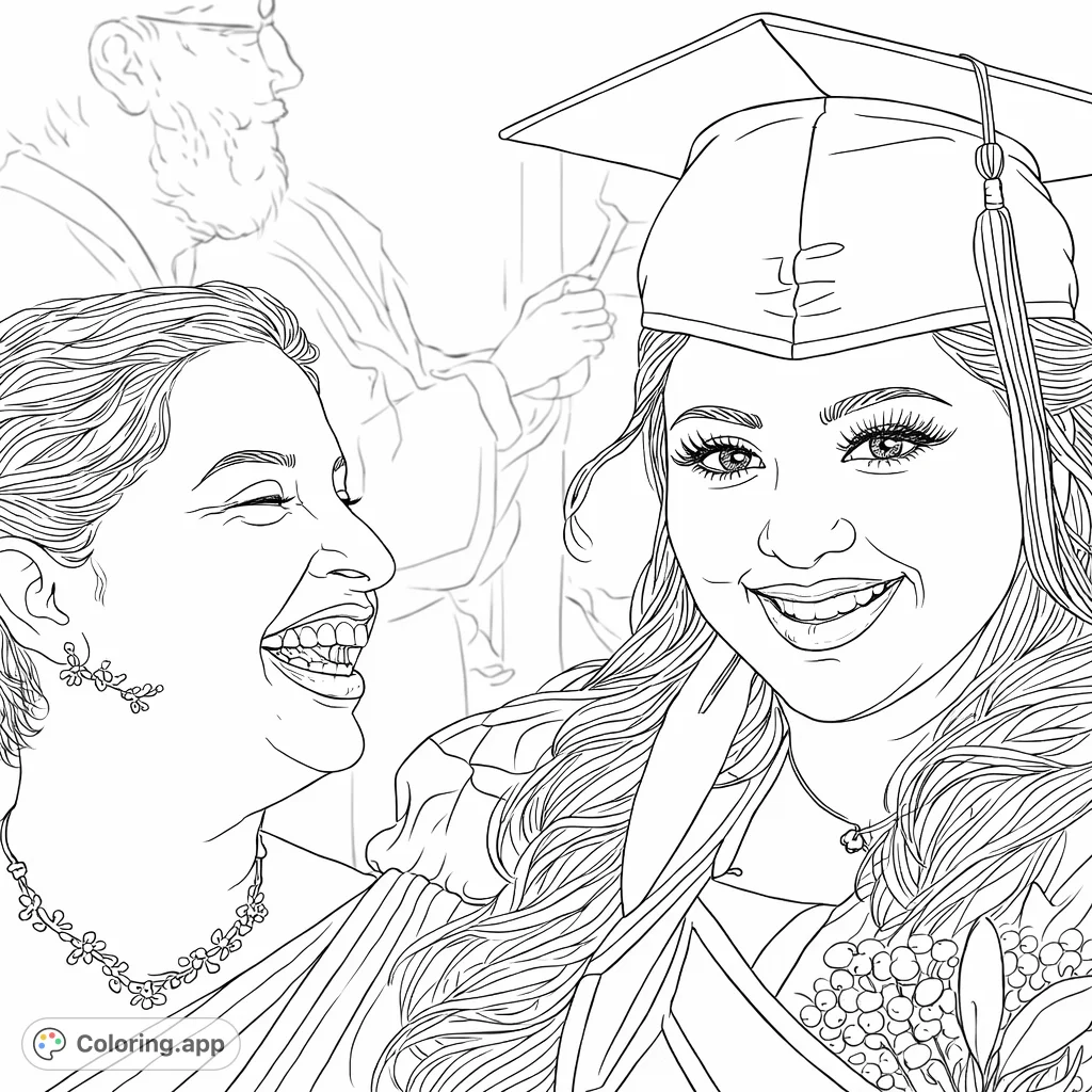 Celebrate a special milestone with this graduation coloring page. Features two smiling women, one a graduate, sharing a moment of pride and happiness.