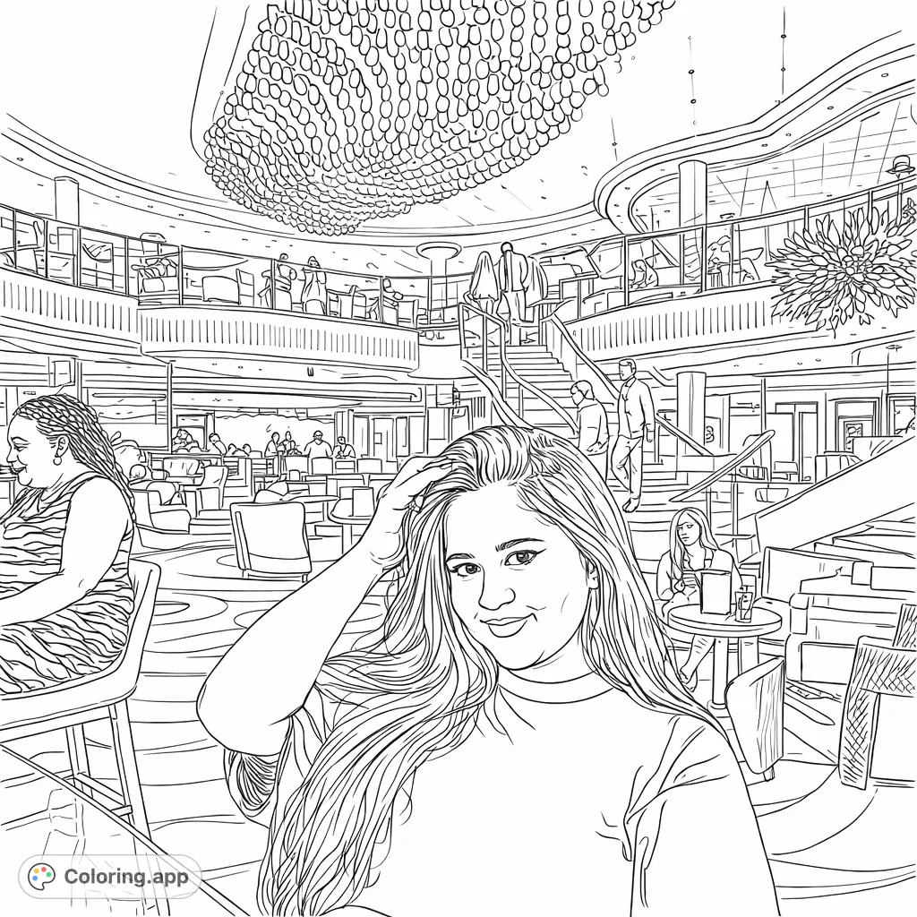 Explore a luxurious grand atrium with a prominent chandelier, sweeping staircase, and elegant seating. A central figure welcomes you to this sophisticated interior scene.