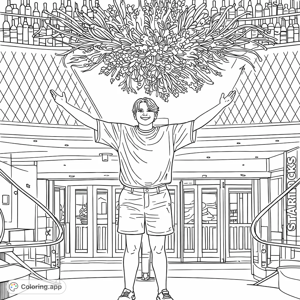 Color a cheerful man posing beneath a magnificent, sprawling ceiling sculpture within a grand interior, complete with ornate railings and detailed architectural patterns.