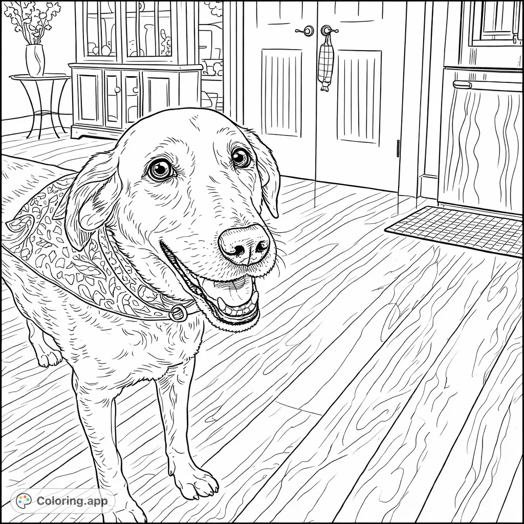 A delightful coloring page featuring a cheerful dog with a patterned bandana, ready to be brought to life with your favorite colors.