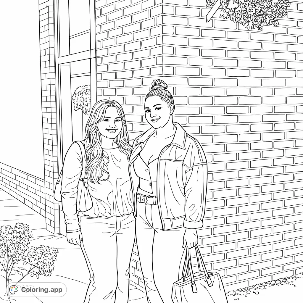 Capture the essence of friendship and modern style. This coloring page features two women in fashionable attire against a textured brick wall.