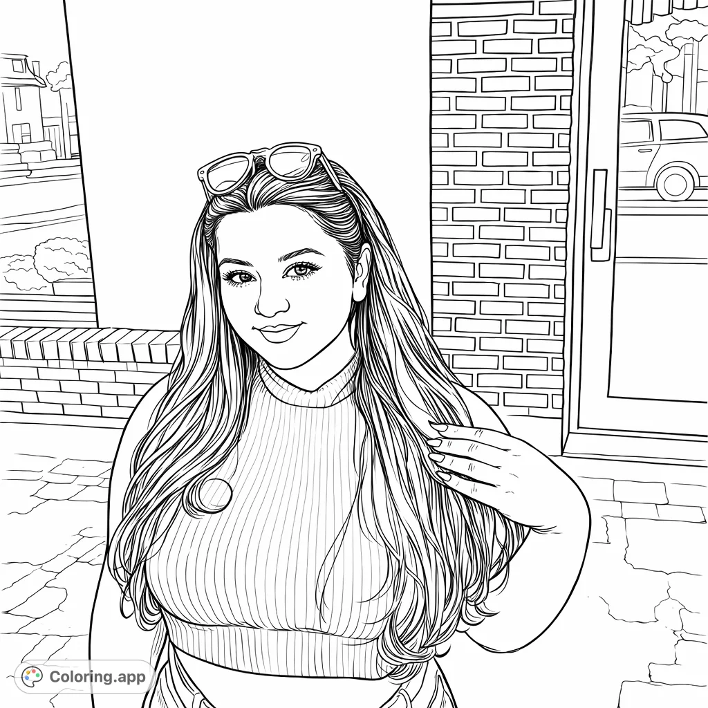 A fashionable individual with long flowing hair and stylish sunglasses, posing against an urban backdrop, offering a modern portrait for creative coloring.
